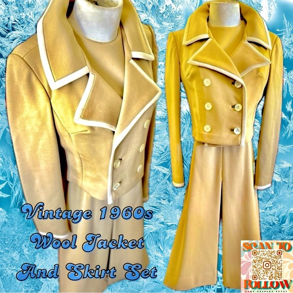 CAMEL WOOL JACKET AND PLEATED SKIRTS SET WITH MILITARY BUTTON DETAILING - Picture 1 of 7